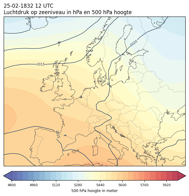Weerkaart van 25 februari 1832 om 12 UTC