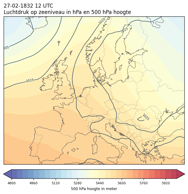 Weerkaart van 27 februari 1832 om 12 UTC