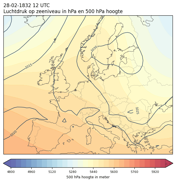 Weerkaart van 28 februari 1832 om 12 UTC
