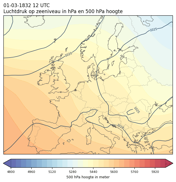 Weerkaart van 1 maart 1832 om 12 UTC