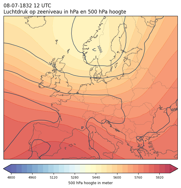 Weerkaart van 8 juli 1832 om 12 UTC