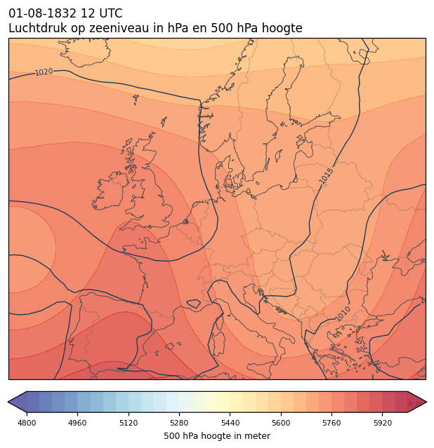 Weerkaart van 1 augustus 1832 om 12 UTC