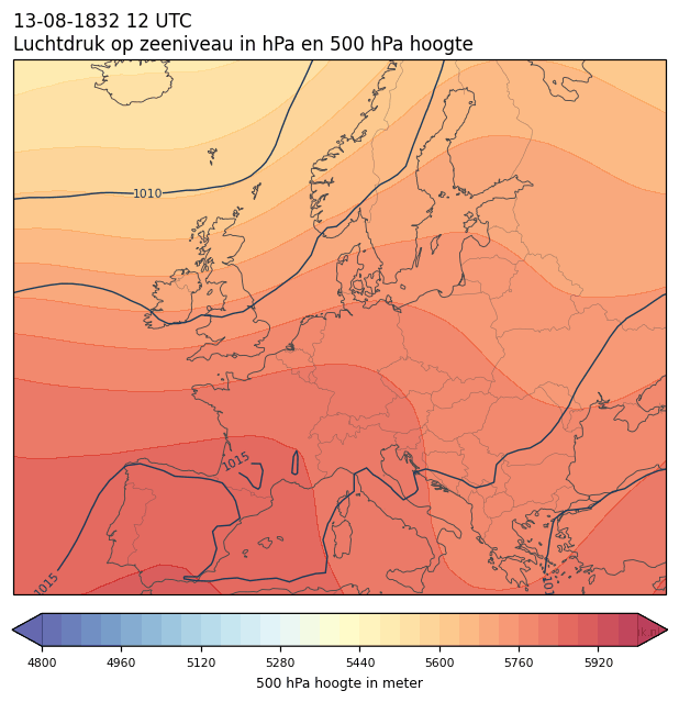 Weerkaart van 13 augustus 1832 om 12 UTC