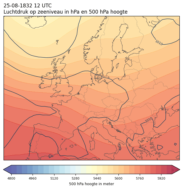 Weerkaart van 25 augustus 1832 om 12 UTC