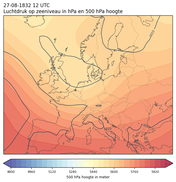 Weerkaart van 27 augustus 1832 om 12 UTC