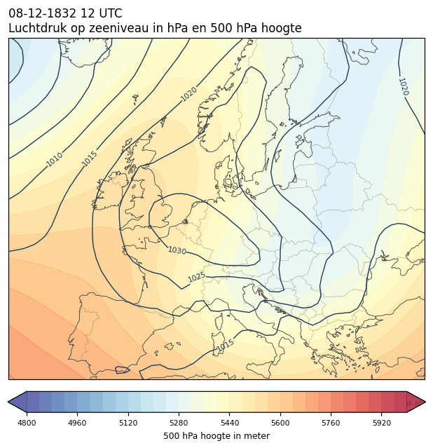 Weerkaart van 8 december 1832 om 12 UTC