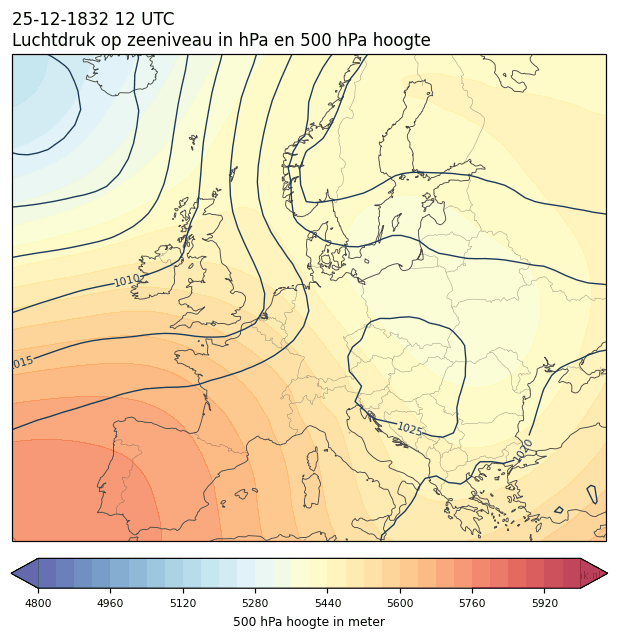 Weerkaart van 25 december 1832 om 12 UTC