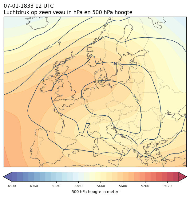 Weerkaart van 7 januari 1833 om 12 UTC