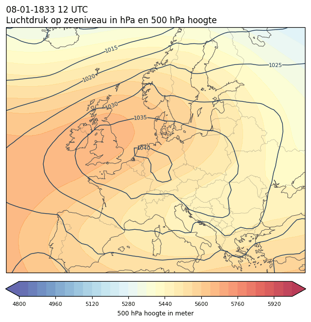 Weerkaart van 8 januari 1833 om 12 UTC