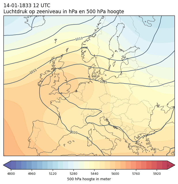 Weerkaart van 14 januari 1833 om 12 UTC