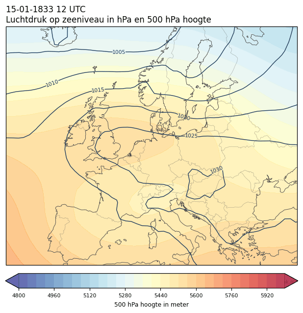 Weerkaart van 15 januari 1833 om 12 UTC