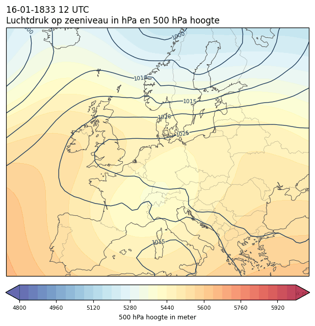Weerkaart van 16 januari 1833 om 12 UTC