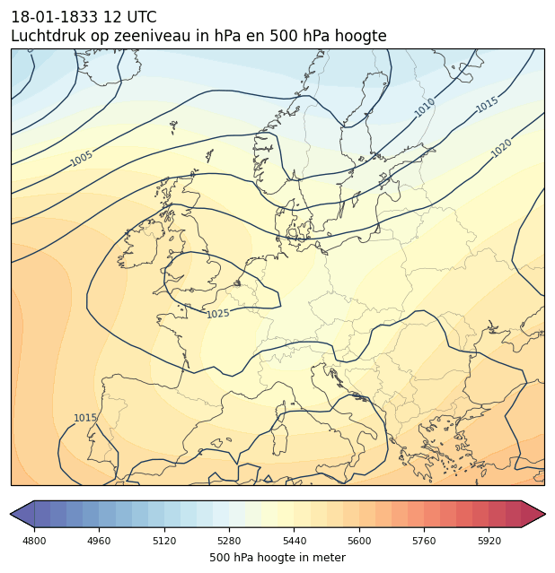 Weerkaart van 18 januari 1833 om 12 UTC