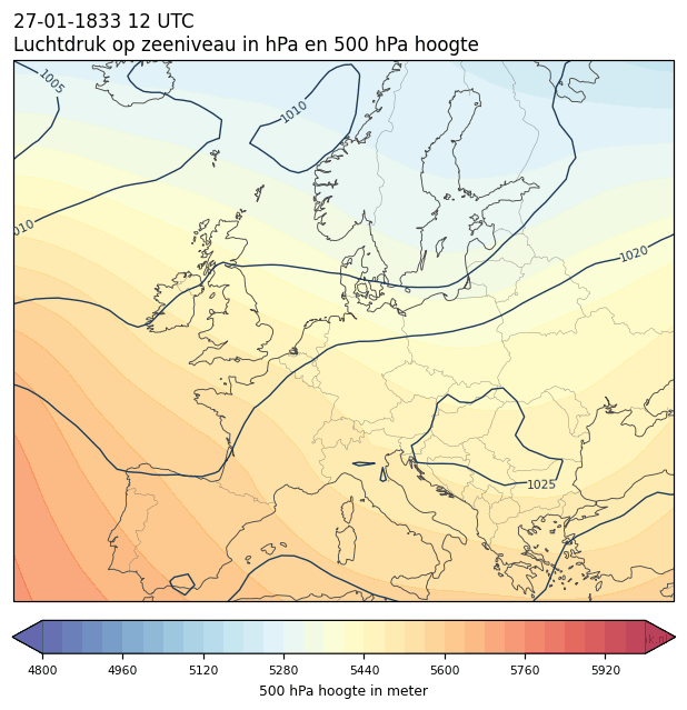 Weerkaart van 27 januari 1833 om 12 UTC