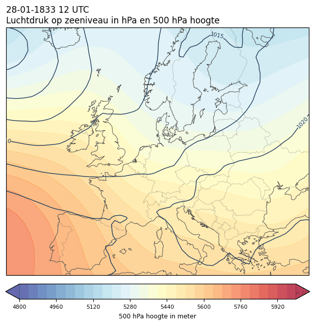 Weerkaart van 28 januari 1833 om 12 UTC