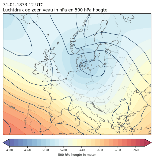 Weerkaart van 31 januari 1833 om 12 UTC