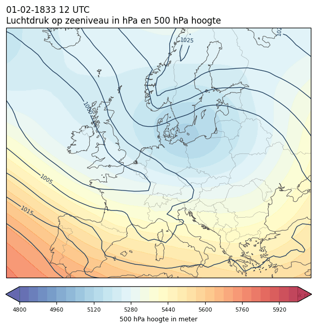 Weerkaart van 1 februari 1833 om 12 UTC
