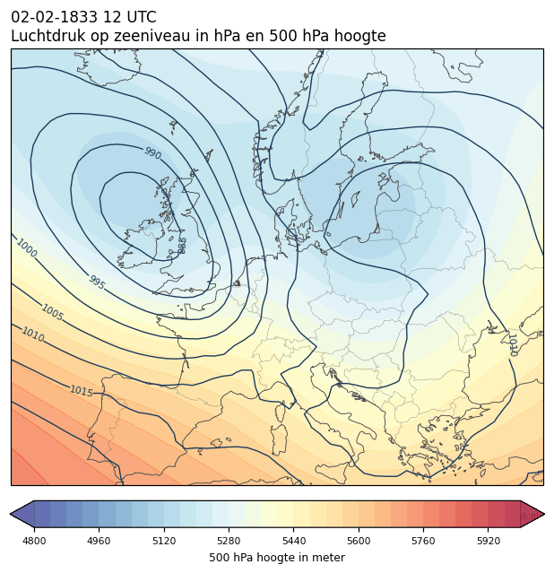 Weerkaart van 2 februari 1833 om 12 UTC