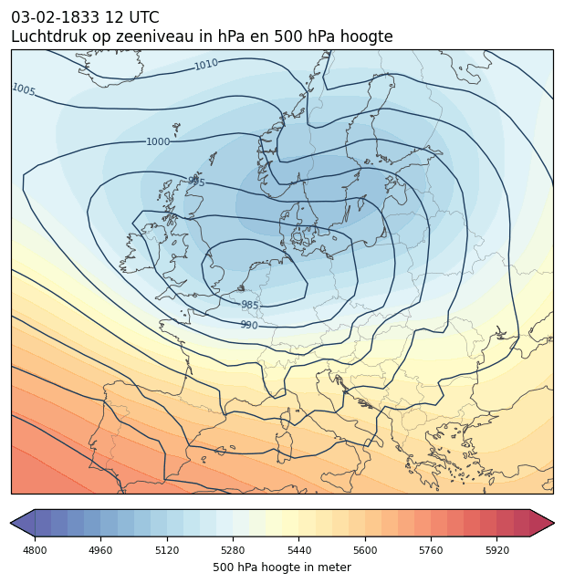 Weerkaart van 3 februari 1833 om 12 UTC