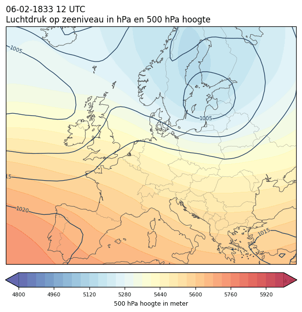 Weerkaart van 6 februari 1833 om 12 UTC