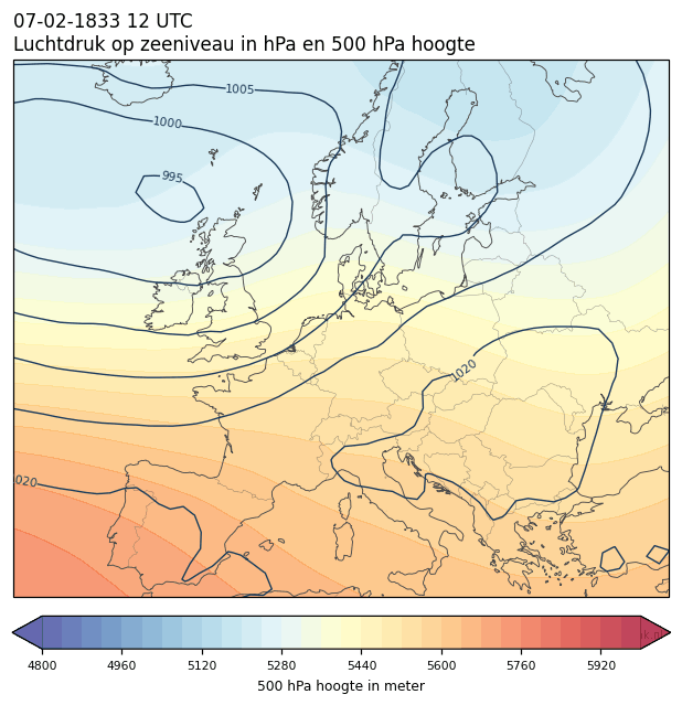 Weerkaart van 7 februari 1833 om 12 UTC