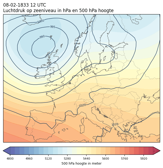Weerkaart van 8 februari 1833 om 12 UTC