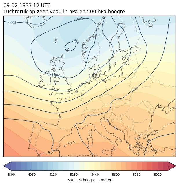 Weerkaart van 9 februari 1833 om 12 UTC
