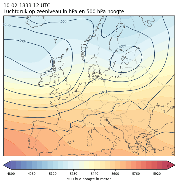 Weerkaart van 10 februari 1833 om 12 UTC