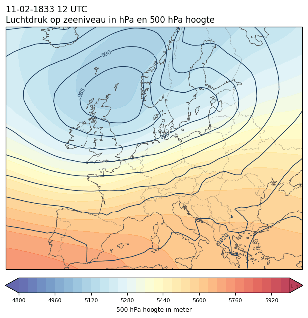Weerkaart van 11 februari 1833 om 12 UTC