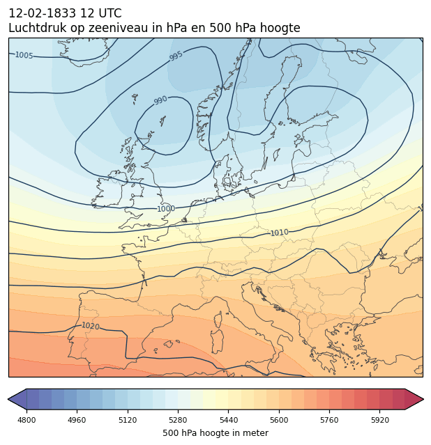 Weerkaart van 12 februari 1833 om 12 UTC