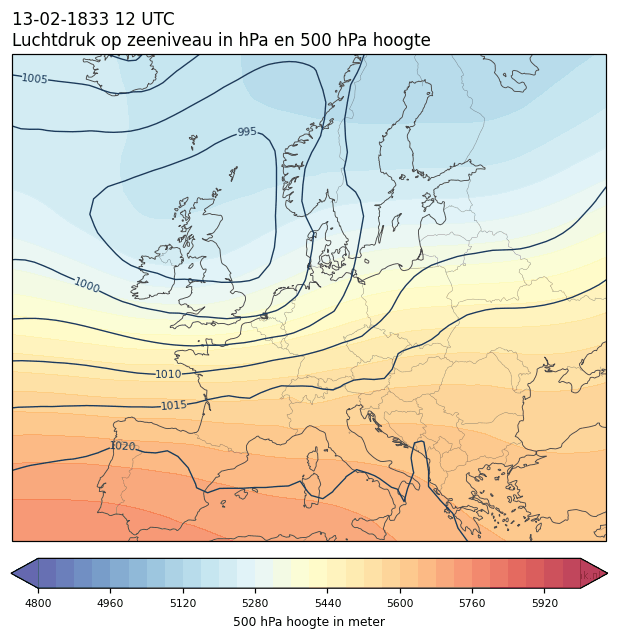 Weerkaart van 13 februari 1833 om 12 UTC