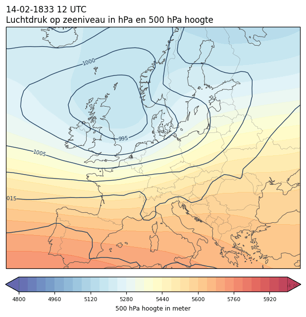 Weerkaart van 14 februari 1833 om 12 UTC