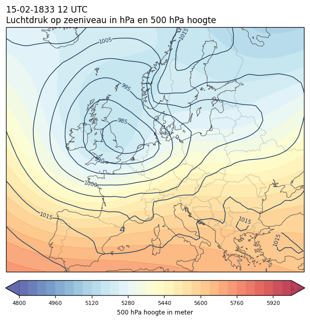 Weerkaart van 15 februari 1833 om 12 UTC