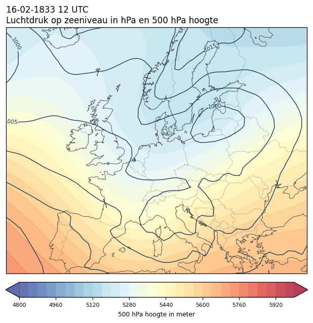 Weerkaart van 16 februari 1833 om 12 UTC