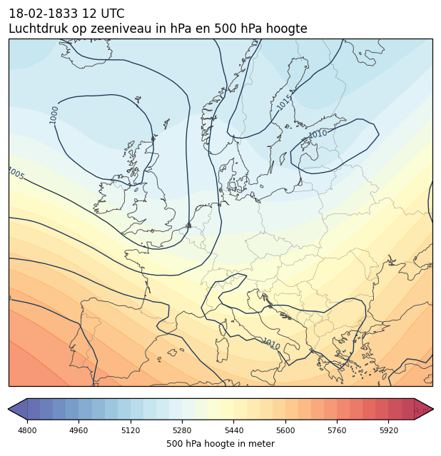 Weerkaart van 18 februari 1833 om 12 UTC