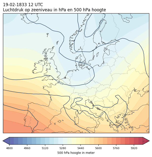 Weerkaart van 19 februari 1833 om 12 UTC