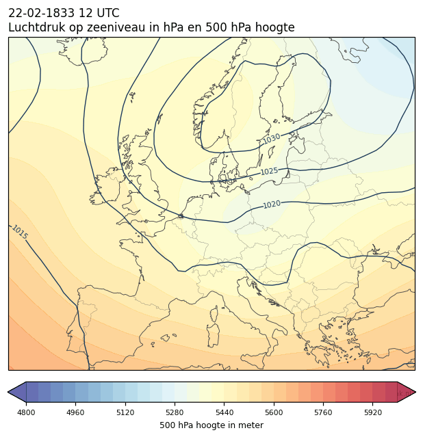 Weerkaart van 22 februari 1833 om 12 UTC