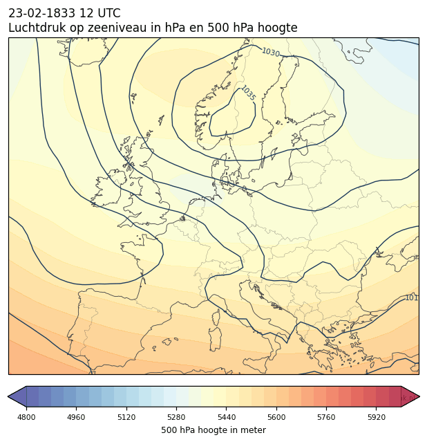 Weerkaart van 23 februari 1833 om 12 UTC