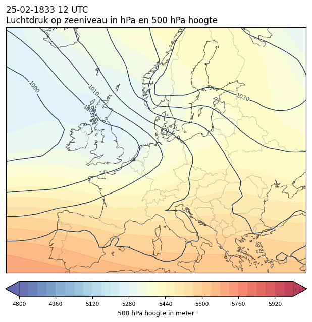 Weerkaart van 25 februari 1833 om 12 UTC