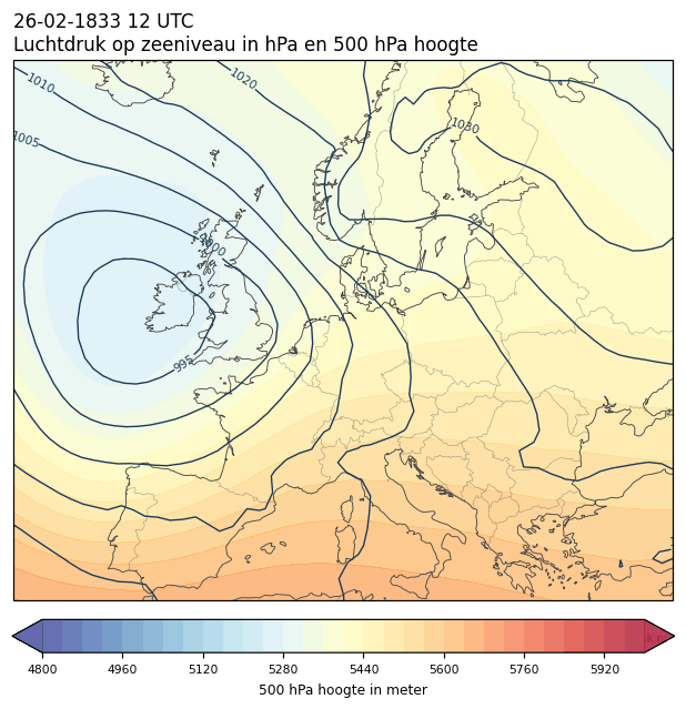 Weerkaart van 26 februari 1833 om 12 UTC