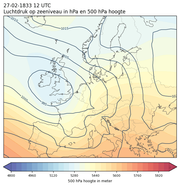 Weerkaart van 27 februari 1833 om 12 UTC
