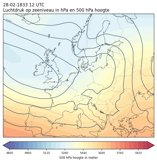 Weerkaart van 28 februari 1833 om 12 UTC