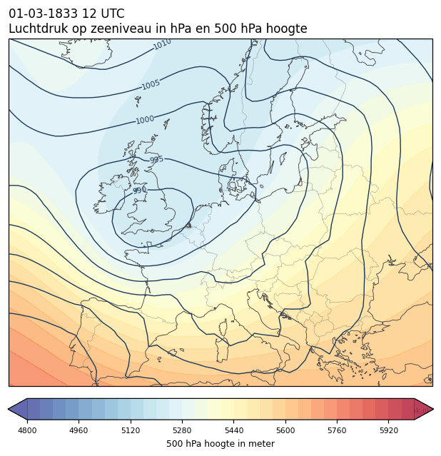 Weerkaart van 1 maart 1833 om 12 UTC