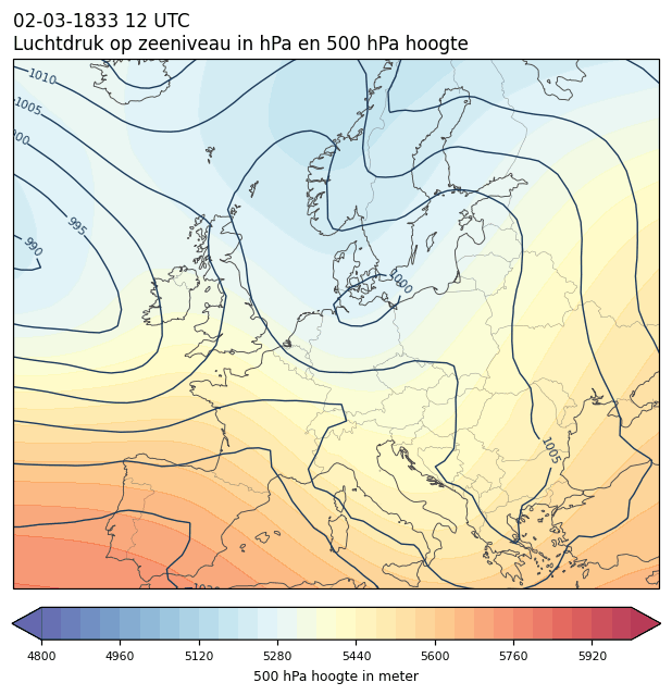 Weerkaart van 2 maart 1833 om 12 UTC