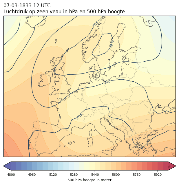 Weerkaart van 7 maart 1833 om 12 UTC