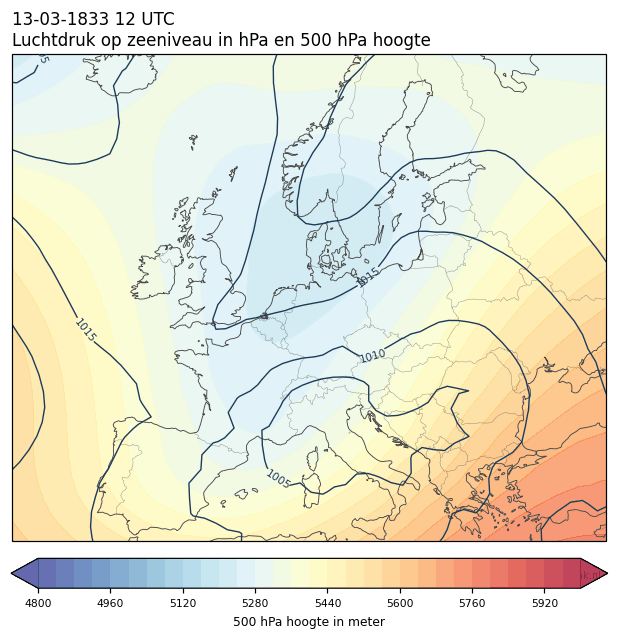 Weerkaart van 13 maart 1833 om 12 UTC