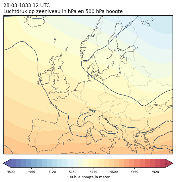 Weerkaart van 28 maart 1833 om 12 UTC