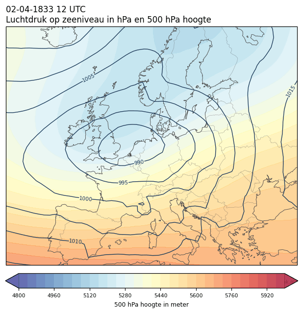 Weerkaart van 2 april 1833 om 12 UTC