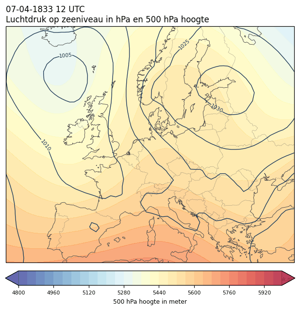 Weerkaart van 7 april 1833 om 12 UTC