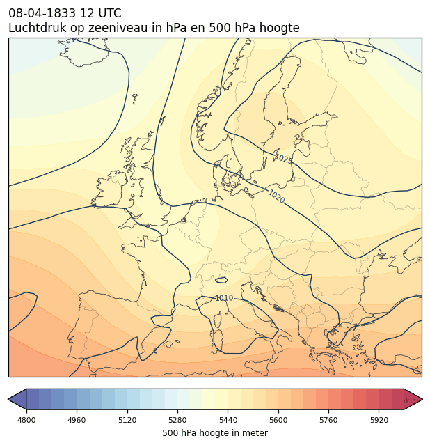 Weerkaart van 8 april 1833 om 12 UTC